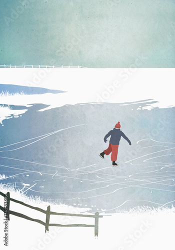 Illustration of man ice skating on frozen lake