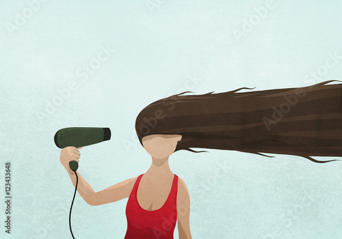 Illustration of woman drying long hair with blow dryer against blue background