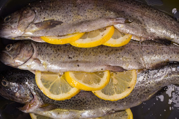 Three raw trouts on paper with thyme and lemon on a rustic wooden table