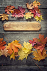 autumn background with signboard, orange leaf on old grunge wood