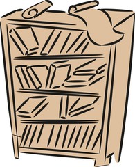 Sketch of bookshelf with books and papers 