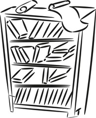 Sketch of bookshelf with books and papers