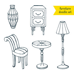Set of hand drawn cartoon retro furniture.