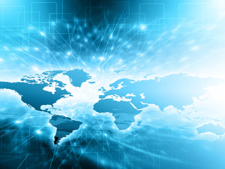 World map on a technological background, glowing lines symbols of the Internet, radio, television, mobile and satellite communications.