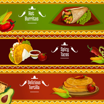 Mexican cuisine taco, burrito and tortilla banners