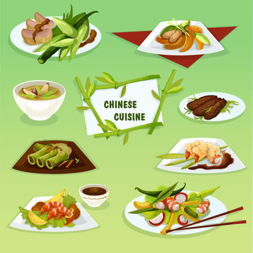 Chinese cuisine icon with seafood and meat dishes