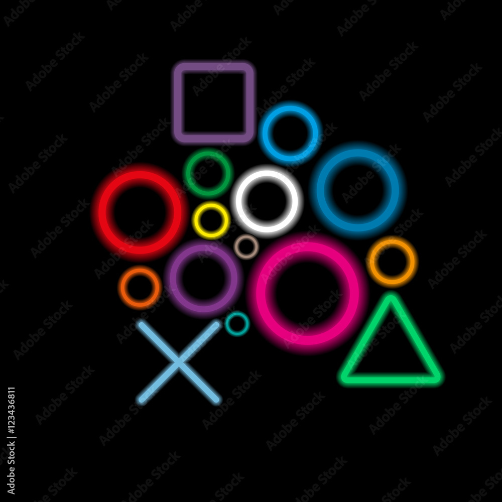 Wall mural geometric shapes glowing with bright colors on a black background.