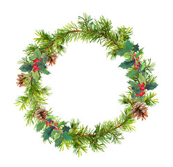 Fototapeta na wymiar Christmas tree wreath - spruce branches, cones, mistletoe. Watercolor