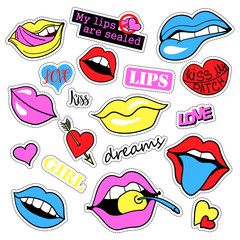 Pop art set with fashion patch badges and different lips. Stickers, pins, patches, quirky, handwritten notes collection. 80s-90s style. Trend. Vector illustration isolated. Vector clip art.