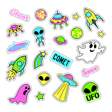Pop art set with fashion patch badges and different ufo elements. Stickers, pins, patches, quirky, handwritten notes collection. 80s-90s style. Trend. Vector illustration isolated. Vector clip art.