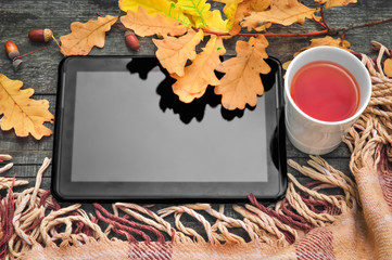 The tablet, hot tea and a plaid in the park in autumn