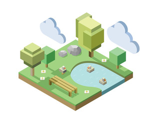 Vector isometric illustration of park with landscape design, elements of nature such as pond,duck, trees, grass, bench, flowers, stones, modern flat outdoor icon
