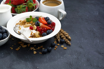 muesli with fresh berries, yogurt for breakfast 