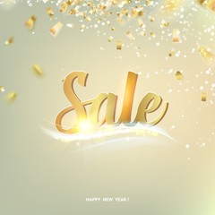 Happy Sale card over gray background with golden sparks. Vector illustration.