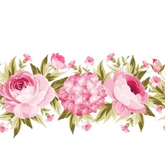 Border with blooming spring flowers in vintage style and clear text space. Line of flowers in vintage style isolated over white. Floral invitation card. Vector illustration.