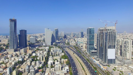 Fototapeta na wymiar Tel Aviv skyline - Aerial photo of Tel Aviv's center with Ayalon freeway 