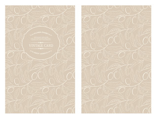 Two olives on branch with leaves isolated on gray. Vintage card with olives. Book cover with olive texture. Sepia lines over white background. Vector illustration.