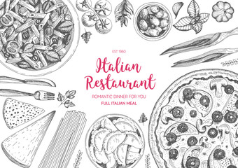 Italian cuisine top view frame. Italian food menu design. Vintage hand drawn sketch vector illustration.