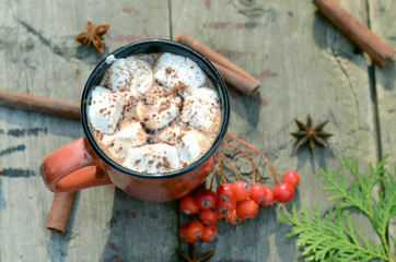 Cocoa or cup of coffee with tasty marshmallows, fir tree branch with red rowan tree berries. Still life on old rustic wooden table under bright sun lights of sunrise