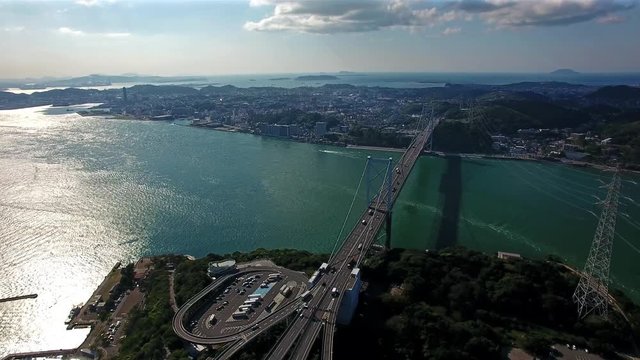Aerial view of Kanmon bridge and cityscape
