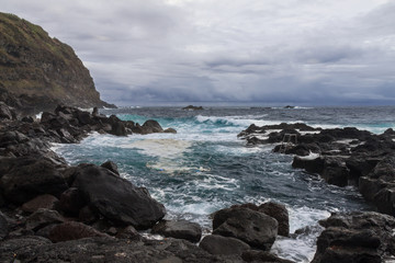 Ocean Waves in Natural Pool of Termas da Ferraria, Azores, Portugal