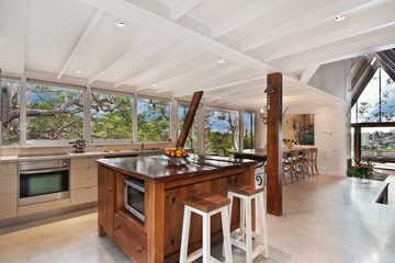 Modern gourmet kitchen interior. spacious great room
