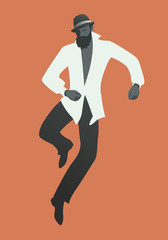 Elegant bearded man wearing hat dancing and jumping. Hipster & fashionable