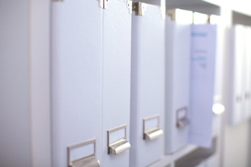 File folders, standing on shelves in the background