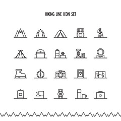 Hiking, trekking and camping line icon set.