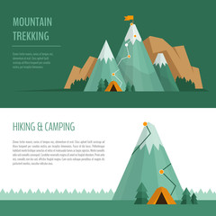 Mountain trekking, hiking, climbing and camping concept. Hiking trail concept, infographics.