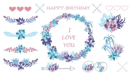 Vector set with succulents,Set of floral succulent elements for your compositions