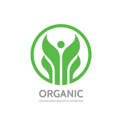 Organic - vector logo template concept illustration. Green leaves sign. Abstract human character sign. Nature ecology symbol. Design element.