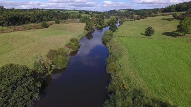 Aerial view flying up the river Severn in Shropshire.