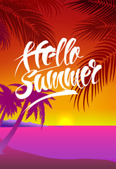 Fototapeta na wymiar summer sunset background with palm trees, calligraphy text and b
