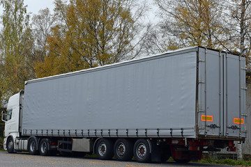 Parked truck in front of colorful autumn birches.