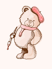 Obraz premium Sketch Bear in a cap and with a brush. Little teddy bear. EPS 10