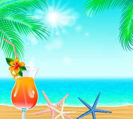 Fototapeta na wymiar the seaside poster with a sea, palm leaves, sunrays, cocktail