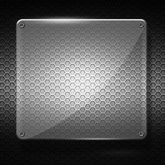 set 8. glossy glass on black metallic mesh wall.