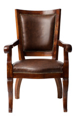 Luxurious brown vintage wooden armchair upholstered in leather isolated on white background