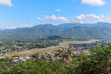 Fototapeta na wymiar Aerial view of Mae Hong Son city and runway airport in Thailand.