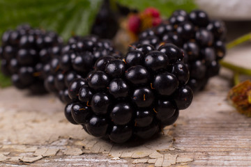 Blackberries on a wooden table and mint leaves