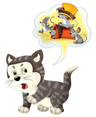 Cartoon happy cat standing angry and thinking - with speaking cloud - about the mice - isolated - illustration for children