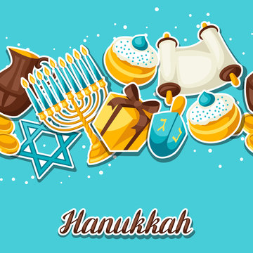 Jewish Hanukkah celebration seamless pattern with holiday sticker objects