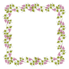 Obraz na płótnie Canvas Stylized graphic image of a vine with grapes. Decorative square frame with branch of grapes, grape leaves. Good vine. Vector image.