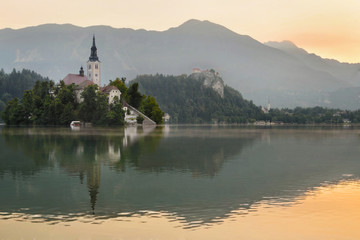 Bled island and castle at dawn in Slovenia