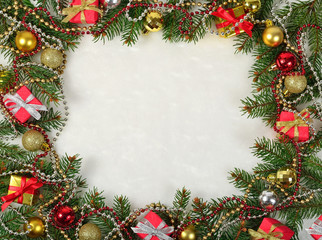 Fototapeta na wymiar Frame of christmas decorations on a white