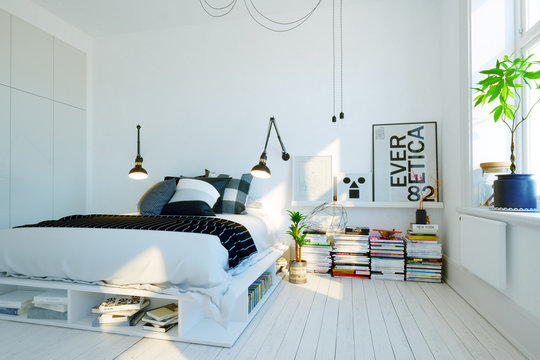 Fototapeta nowoczesna, skandynawska sypialnia - nowoczesna szwedzka sypialnia w stylu skandynawskim