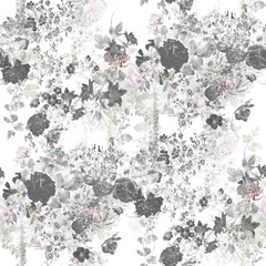 Watercolor painting of leaf and flowers, seamless pattern on white background