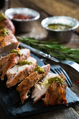 Roast pork tenderloin with herbs and red wine