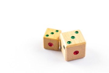 wooden dice have double three point on white  background isolate